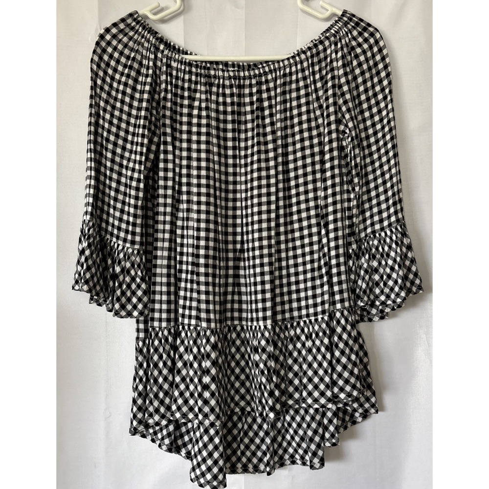 Cute! Beach Lunch Lounge Black &White Checkered Summer‎ Shirt Ruffle Size S/P